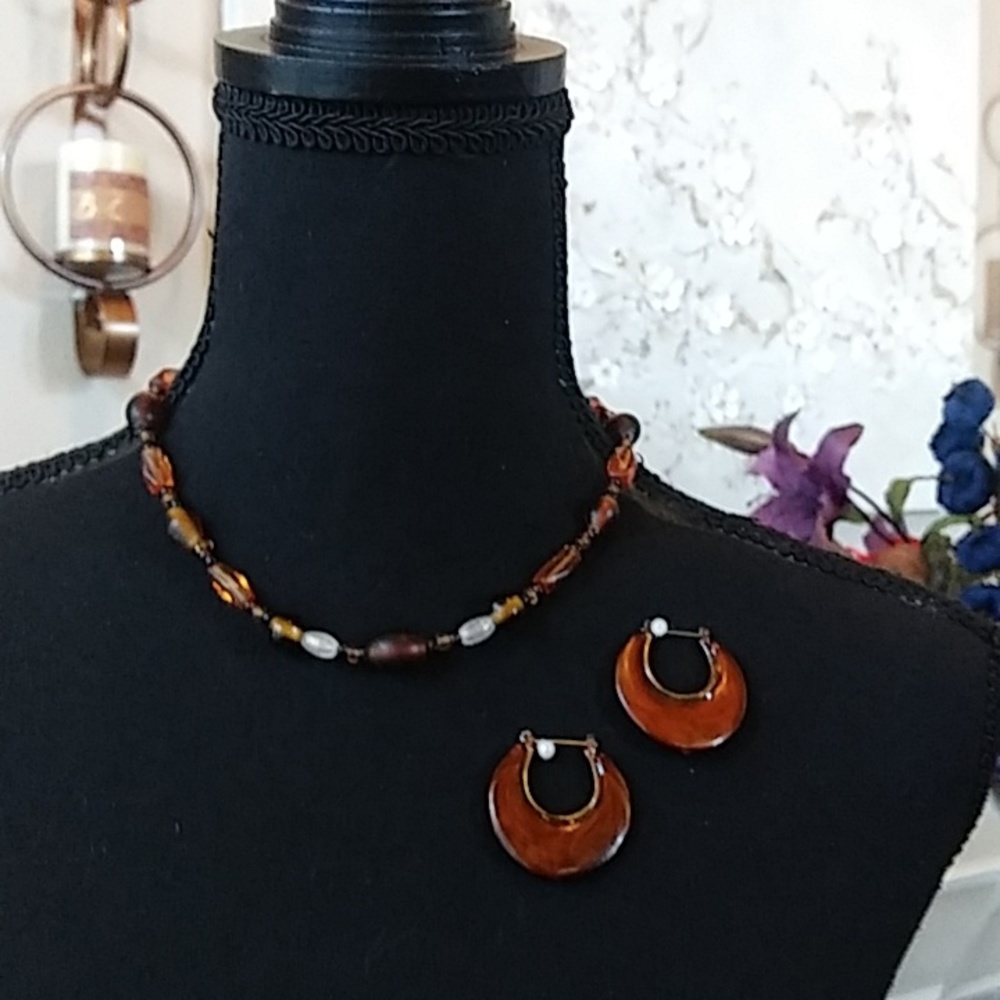Brown Boho Stament Earrings Hoops & Brown  Beaded Necklace - Picture 12 of 17